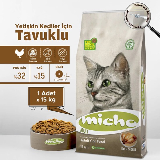 Micho Premium Yetişkin Kedi Maması 15 Kg Tavuk Balık Lezzeti ile Besleyici İçerik