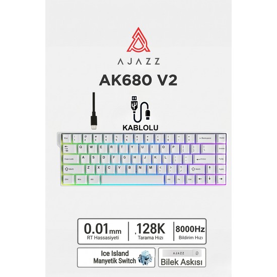 Ajazz AK680V2 Manyetik Switch Rapid Trigger 8000Hz KLAVYE-128K Scan Rate-Bilek Askısı
