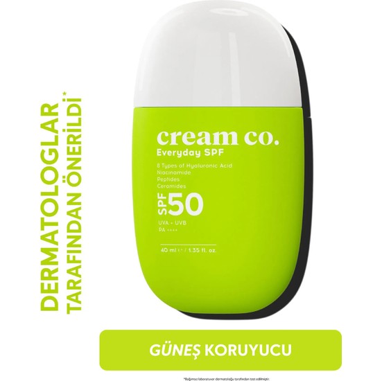 Cream Co. Leke Karşıtı Aydınlatıcı Nemlendirici SPF50 Güneş Kremi | Niasinamid Hyalüronik Asit Peptit Seramid
