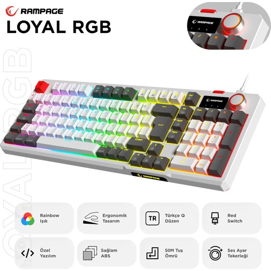 Rampage Loyal Beyaz/gri USB Hot Swap Rgb Red Switch Mekanik Gaming Oyuncu Klavye