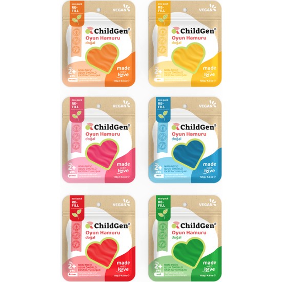 Childgen Doğal Oyun Hamuru - 6lı 6X125 gr Vakumlu Kartuş Paket - (Ecopack-Refill)