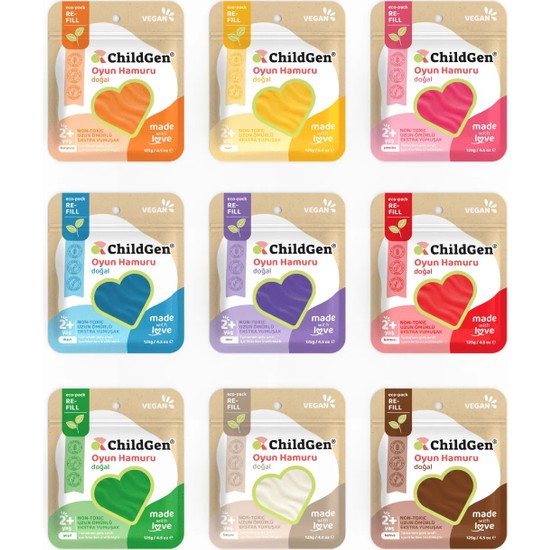 ChildGen 9'lu (Ecopack - Refill) Doğal Oyun Hamuru - 9’lu 9X125 gr Vakumlu Kartuş Paket