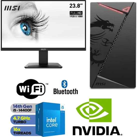 MSI Şafak-Ofis Pc 24" Monitörlü Intel Core I5 14400F Gt 4gb 16GB Ram 500GB M.2 SSD 600W Win 11 Pro Wi-Fi Masaüstü Ofis ve Öğrenci Bilgisayarı Seti