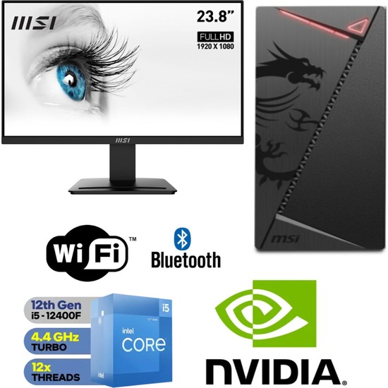 MSI Şafak-Ofis Pc 24" Monitörlü Intel Core I5 12400F  Gt 4gb 16GB Ram 500GB M.2 SSD 600W Win 11 Pro Wi-Fi Masaüstü Ofis ve Öğrenci Bilgisayarı Seti