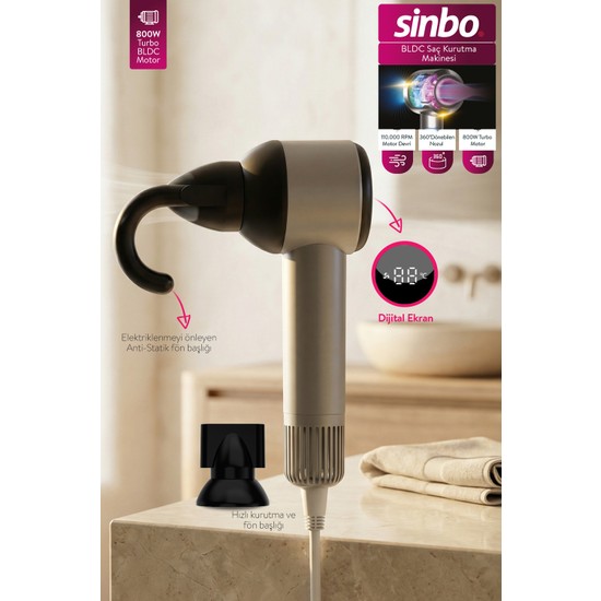 Sinbo SHD-1756 Bldc Saç Kurutma Makinesi 800W 110.000 Rpm Dijital Ekranlı, Anti-Statik Başlıklı