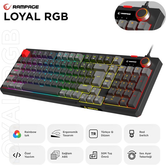 Rampage Loyal Siyah/gri USB Hot Swap Rgb Red Switch Mekanik Gaming Oyuncu Klavye