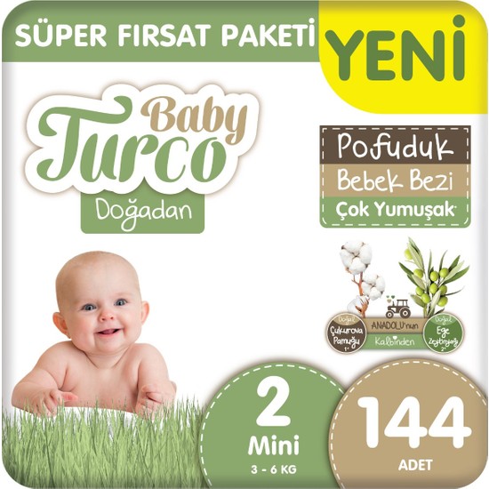 Baby Turco Doğadan Süper Fırsat Paketi Pofuduk Bebek Bezi 2 Numara Mini 144 Adet