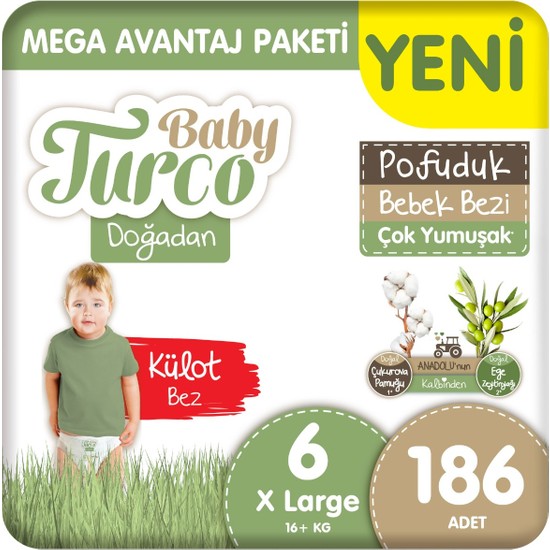 Baby Turco Doğadan Mega Avantaj Paketi Pofuduk Külot Bez 6 Numara Xlarge 186 ADET