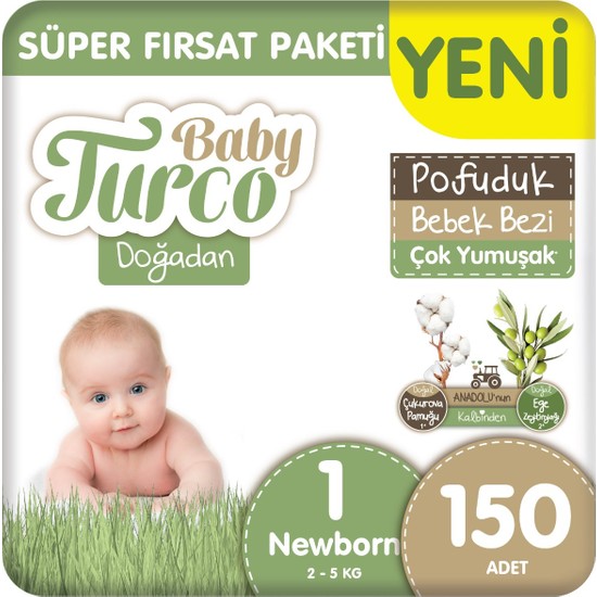 Baby Turco Doğadan Süper Fırsat Paketi Pofuduk Bebek Bezi 1 Numara Newborn 150 Adet