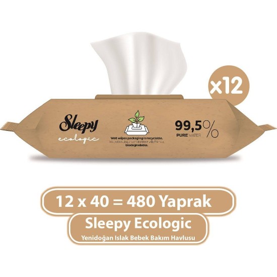 Sleepy Ecologic Yenidoğan Islak Bebek Bakım Havlusu 12x40 (480 Yaprak) Kokusuz Temizlik