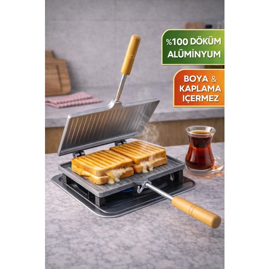Özaslanlılar Ocak Üstü Sade Tost Makinesi Alüminyum Döküm Tost Makinası (23 X 17 cm)