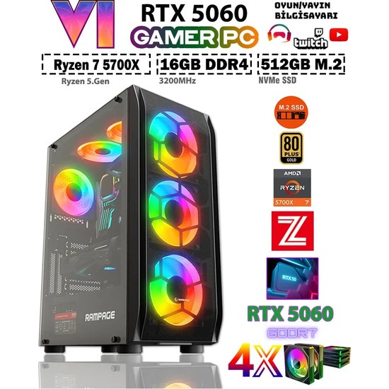 Zeiron Mirage X32 Mini ✔ Ryzen 7 5700X DDR4 16GB RAM 512GB M.2 Nvme SSD 8GB GDDR7 RTX5060 Ekran Kartı Premium Oyuncu Bilgisayarı