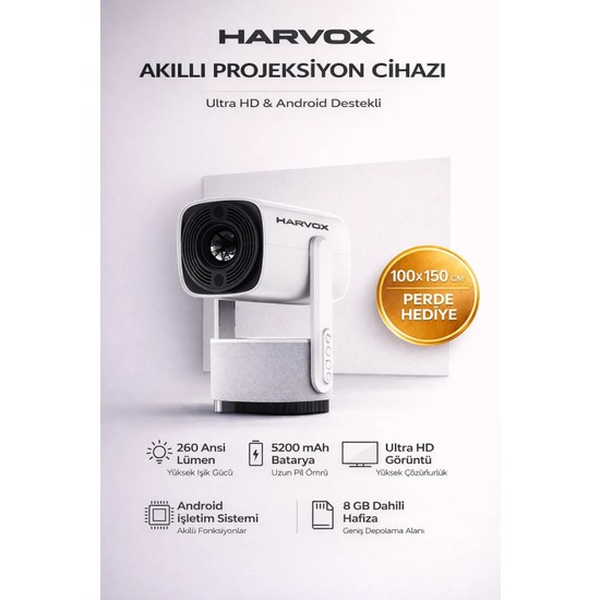 Harvox K2 Bataryalı Projeksiyon Cihazı Taşınabilir 4K Destekli 1080P Android Sistemli Perde Hediyeli Projektör
