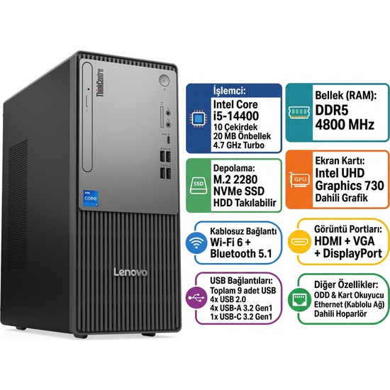 Lenovo Thinkcentre Neo 50T Gen 5 I5-14400 16GB 512GB SSD Windows 11 Pro Masaüstü Bilgisayar 12UD002CTR 008