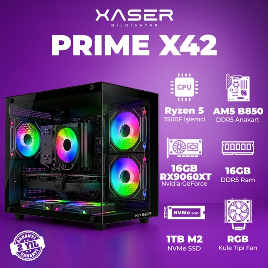 Xaser Prime X42 Ryzen 5 7500F 16GB Ddr5 Ram 1tb M.2 Nvme SSD 16GB RX9060XT Masaüstü Oyuncu Bilgisayarı