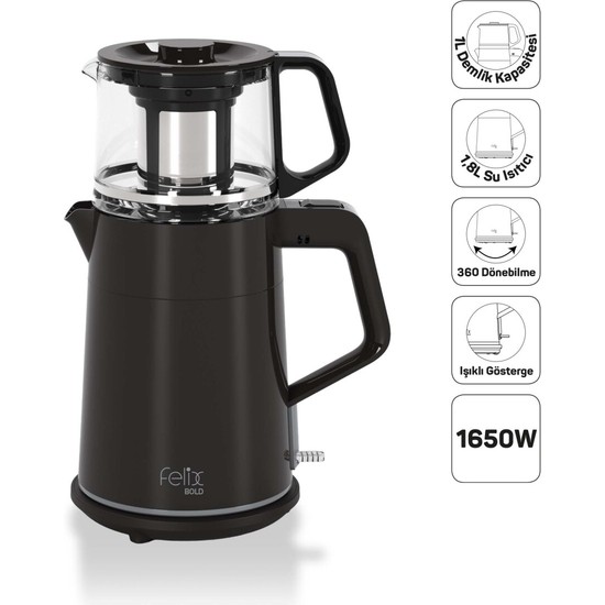 Arzum FL301 Felix Bold Elektrikli Çay Makinesi 1650W 1 L Cam Demlik Kapasitesi Siyah