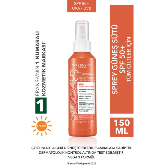 Yves Rocher Yüz & Vücut Güneş Spreyi - Spf 50+ / Sun Double Defense - Kırmızı Mikro Alg 150ML