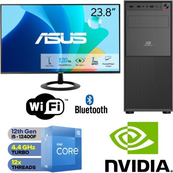 Şafak-Ofis Pc 24" Asus Monitörlü Intel Core I5 12400F 6 Çekirdek Gt 4gb 16GB Ram 500GB M.2 SSD 600W Win 11 Pro Wi-Fi Masaüstü Ofis ve Öğrenci Bilgisayarı Seti