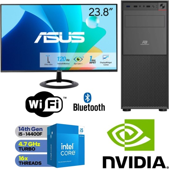 Şafak-Ofis Pc 24" Asus Monitörlü Intel Core I5 14400F 10 Çekirdek Gt 4gb 16GB Ram 500GB M.2 SSD 600W Win 11 Pro Wi-Fi Masaüstü Ofis ve Öğrenci Bilgisayarı Seti