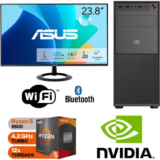Şafak-Ofis Pc 24" Asus Monitörlü Amd Ryzen 5 5500 Gt 4gb 16GB Ram 500GB M.2 SSD 600W Win 11 Pro Wi-Fi Masaüstü Ofis ve Öğrenci Bilgisayarı Seti