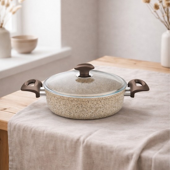 Falez Creamy Granit Karnıyarık Tencere 22 Cm Granit Malzeme ile Uzun Ömürlü Kullanım Sunar