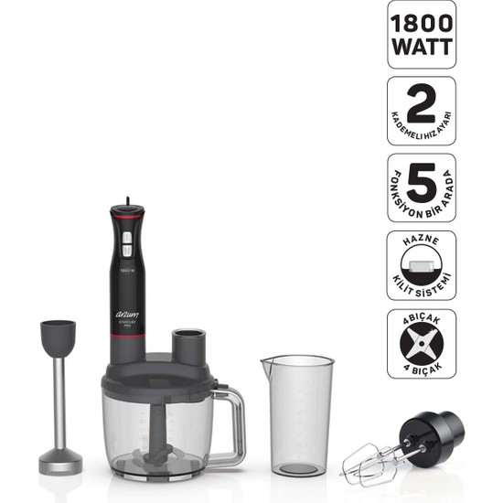Arzum AR1204 Starchef Pro 1800W 4 Bıçaklı 1.5 L Hazneli 2 Kademeli Multi Blender Seti, Siyah