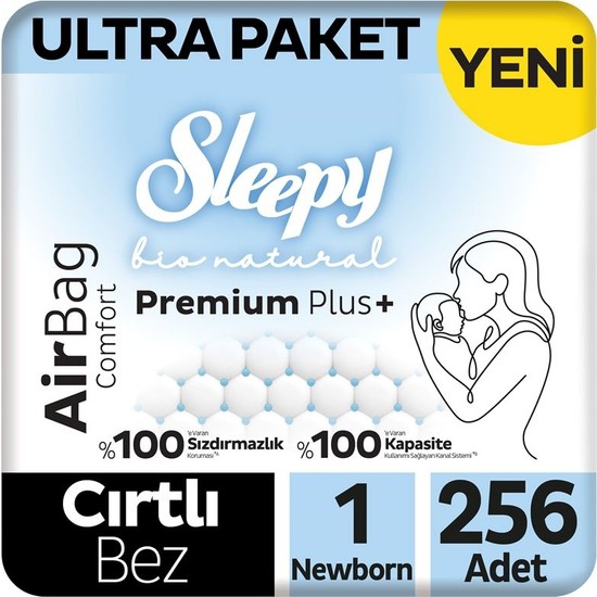 Sleepy Bio Natural Premium Plus Airbag Comfort Ultra Paket Bebek Bezi 1 Numara Newborn 256 Adet