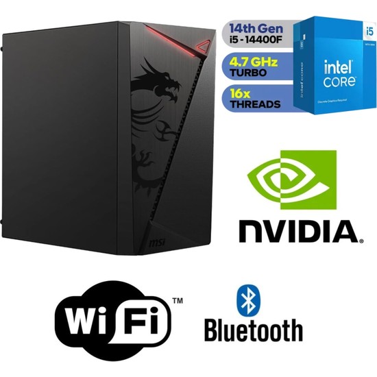 MSI Şafak-Ofis Pc Intel Core I5 14400F 32GB Ram Gt 4gb 500GB M.2 SSD 750W Win 11 Pro Wi-Fi Masaüstü Ofis ve Iş Bilgisayarı