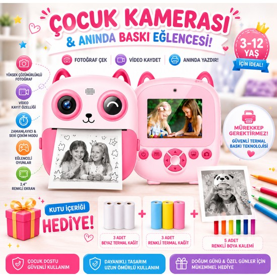 Robeve Çocuk Kamerası Anında Baskılı Termal Yazıcılı Fotoğraf Makinesi 3-12 Yaş Çocuk Fotoğraf Kamerası Video Kayıtlı Selfie Özellikli Eğitici Oyuncak Kamera 3 Renkli + 3 Beyaz Kağıt Hediyeli Pembe