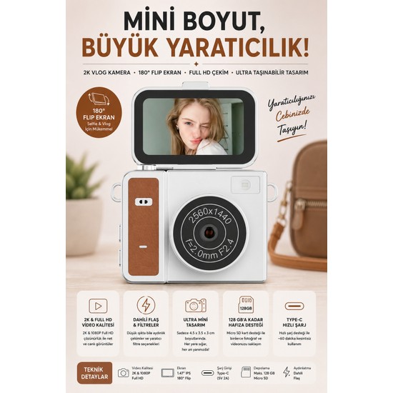 Robeve Mini Dijital Fotoğraf Makinesi 2k Full Hd – 180° Dönebilen Ekranlı Vlog Kamerası | Taşınabilir Selfie & Video Çekim Fotoğraf Makinesi Vlog Fotoğraf Makinesi Dijital Kamera
