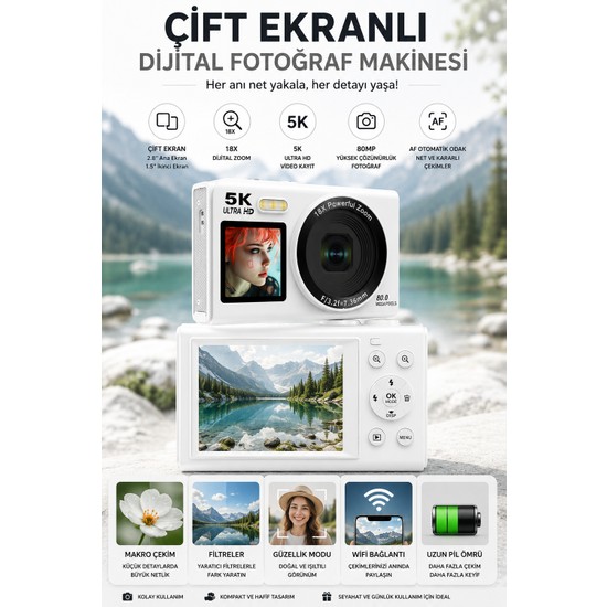 Robeve 5K Ultra HD Dijital Fotoğraf Makinesi 80MP Çift Ekranlı 18X Dijital Zoom Wifi Destekli