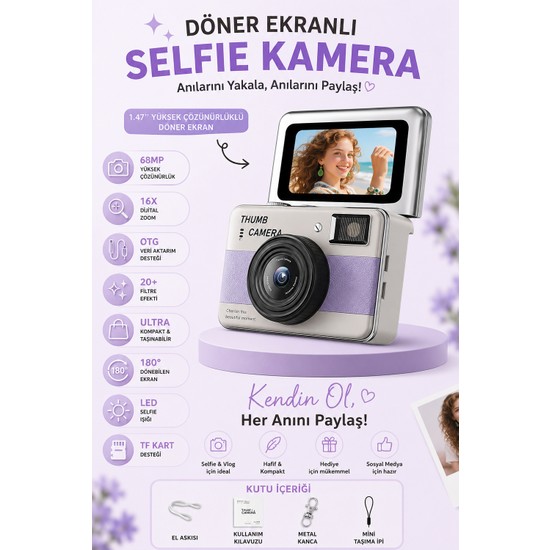 Robeve 68MP Dijital Fotoğraf Makinesi | 180° Döner Ekranlı Mini Selfie Kamera | 16X Zoom, LED Flaş, Tf Kart Destekli Retro Fotoğraf Makinesi Mini Kamera