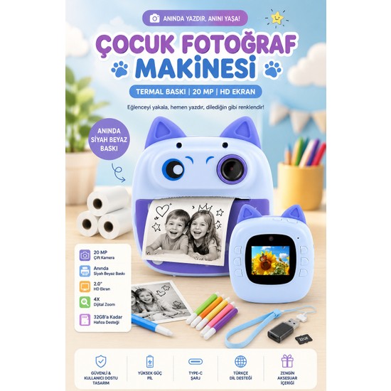 Robeve Çocuk Fotoğraf Makinesi Anında Termal Baskılı – 20 Mp Çift Kameralı, 2.0” Hd Ekranlı, Siyah Beyaz Baskı, Eğitici Oyunlu, Type-C Şarjlı Çocuk Kamerası