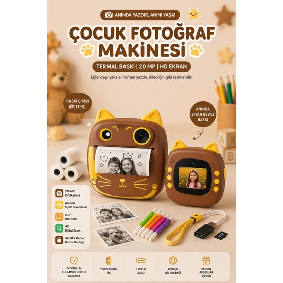 Robeve Çocuk Fotoğraf Makinesi Anında Termal Baskılı – 20 Mp Çift Kameralı, 2.0” Hd Ekranlı, Siyah Beyaz Baskı, Eğitici Oyunlu, Type-C Şarjlı Çocuk Kamerası