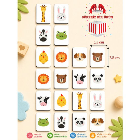 Karbonsoft Zeka Kartları Ahşap Eğitici Hafıza Eşleştirme Oyunu Sevimli Hayvanlar Eğitici Puzzle Oyuncak Kart Oyunu (5,5 x 7,5 Cm)