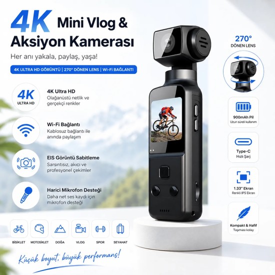Tarçın 4K Ultra Hd Mini Aksiyon Kamerası | Wi-Fi , 270° Döner Lens, Eıs Stabilizasyon
