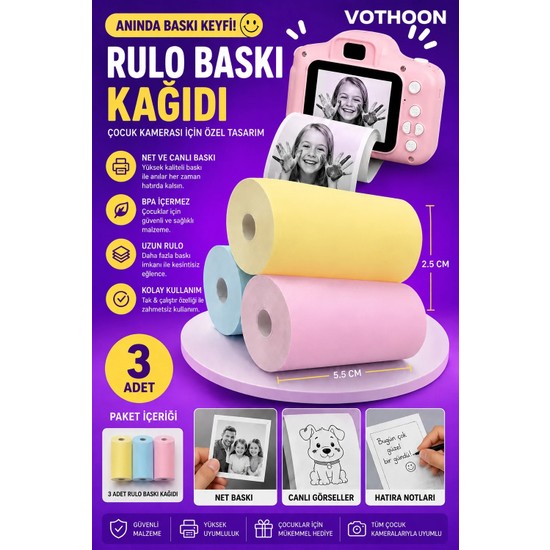 Vothoon Çocuk Fotoğraf Makinesi Yedek Termal Baskı Kağıdı Renkli (3 Lü Rulo) – 57x25mm