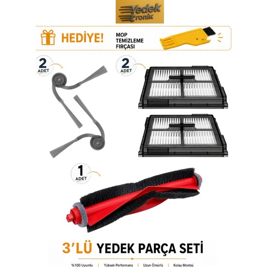 Roborock S8 Pro / S8 Pro Plus Uyumlu 3’lü Yedek Parça Seti Ana Fırça Yan Fırça Hepa Filtre