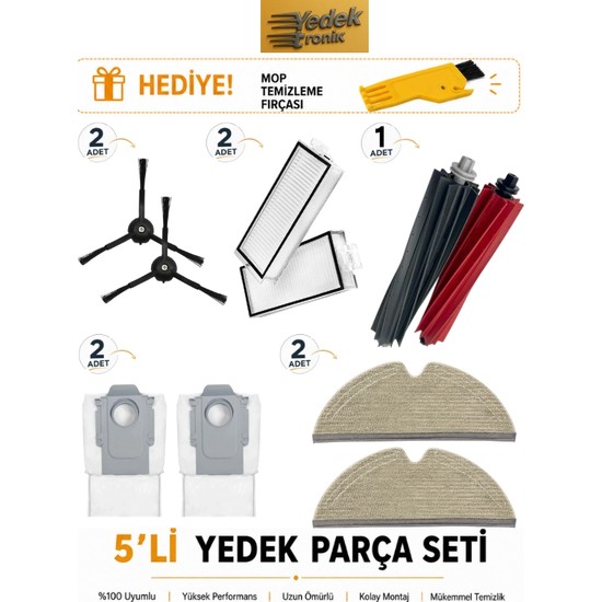 Roborock Q8 Max Plus / Q5 Pro Plus Uyumlu 5’li Yedek Parça Seti | Filtre, Mop Bezi, Ana Fırça, Yan Fırça, Toz Torbası
