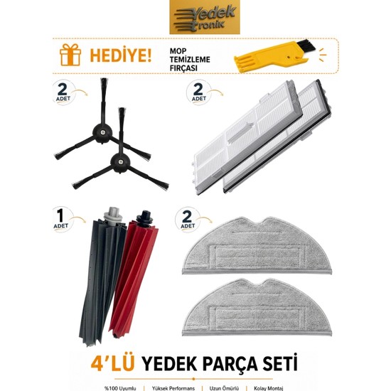 Roborock S8 / S8 Sonic / S8 Plus / S8 Pro Ultra Uyumlu 4’lü Yedek Parça Seti | Hepa Filtre, Mop Bezi Gri, Ana Fırça, Yan Fırça