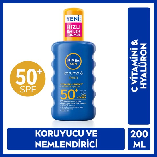 NIVEA SUN SPF 50+ Yüksek Güneş Koruyucu ve Nemlendirici Vücut Spreyi 200ml,Suya Dayanıklı,C Vitamini