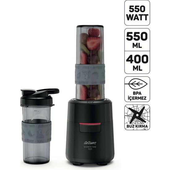 Arzum AR1192 Shake'n Take Duo Kişisel Blender 550W, 550 ml Taşınabilir Şişe, Buz Kırma Özellikli, Siyah