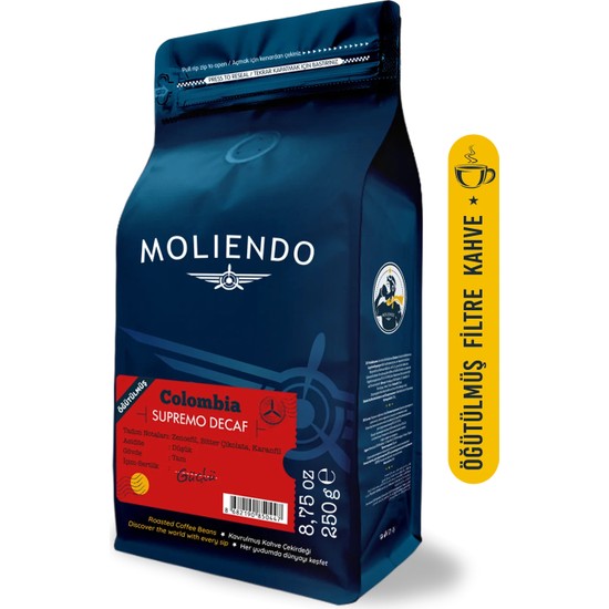 Moliendo Finest Coffee Colombia Supremo Decaf (Kafeinsiz) Yöresel Kahve (Öğütülmüş Filtre Kahve) 250 g
