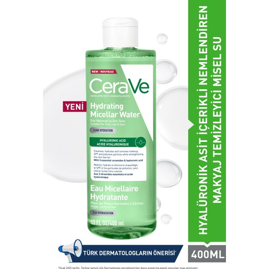 CeraVe Hyalüronik Asitli 400 ml Makyaj Temizleyici Misel Su Tüm Cilt Tipleri İçin Derinlemesine Temizlik