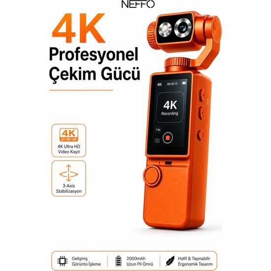 Neffo 4K Hd Taşınabilir Vlog Spor ve Aksiyon Kamerası 2.0" Döndürülebilir IPS Ekran Gimbal Kamera