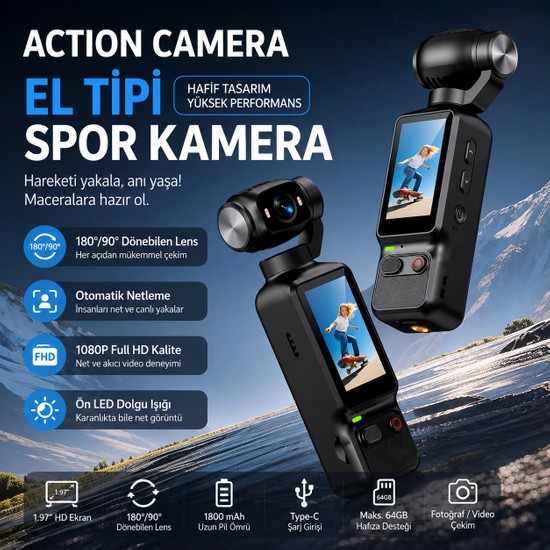 Azurtech LK-032 El Tipi Mini Gimbal Spor Kamera 1080P Hd Vlog Kamerası Döner Lensli Action Camera
