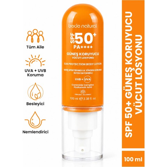 Bade Natural 50 SPF Güneş Koruyucu Vücut Losyonu Tüm Cilt Tipleri İçin 100 ml Korumalı Formül