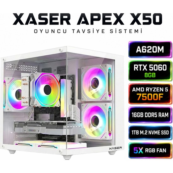 Xaser Apex X50 Ryzen 5 7500F-A620M-/8GB Rtx 5060 Dual /1tb M.2/16GB Ddr5 Beyaz-Gaming Oem Oyuncu Paket