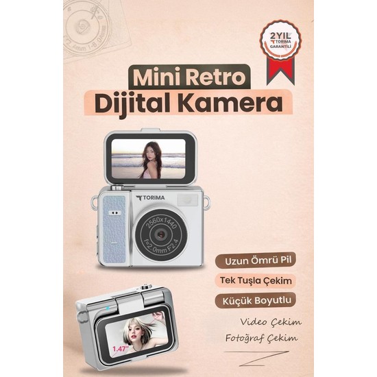 Torima Mini Dijital Kamera 2K Flip Ekranlı Selfie Video Vlog Kamerası CMR46 Mavi
