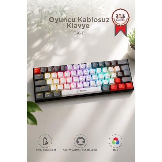 Torima Oyuncu Klavyesi Rgb Işıklı Mekanik Şarjlı Kablosuz Blue Switch Q Klavye TK11 Beyaz